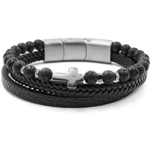 Bracelet acier pour homme imitation cuir - 2 rangs