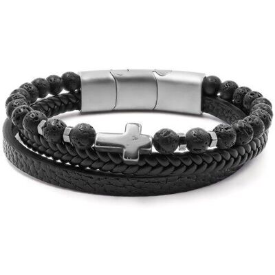 Steel bracelet for men, imitation leather - 2 rows