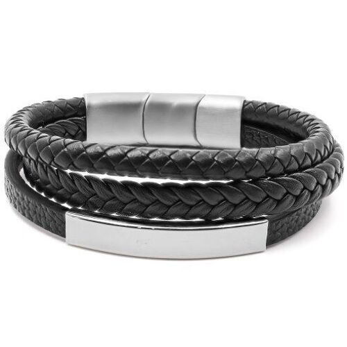 Bracelet acier pour homme - imitation cuir 3 rangs noirs