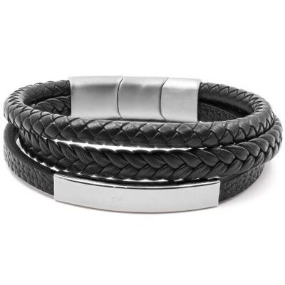 Steel bracelet for men - 3 rows black imitation leather