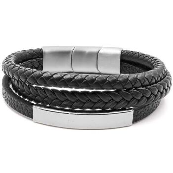 Bracelet acier pour homme - imitation cuir 3 rangs noirs