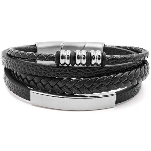 Bracelet acier pour homme - imitation cuir 3 rangs noirs