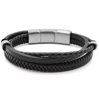 Bracelet acier pour homme - imitation cuir 3 rangs noirs