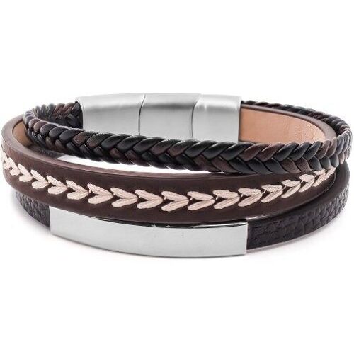 Bracelet acier pour homme - imitation cuir 3 rangs marrons