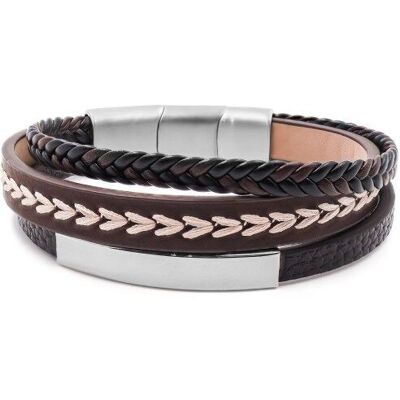 Steel bracelet for men - 3 rows brown imitation leather