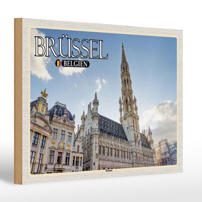 Holzschild Reise 30x20cm Brüssel Belgien Rathaus Wolken