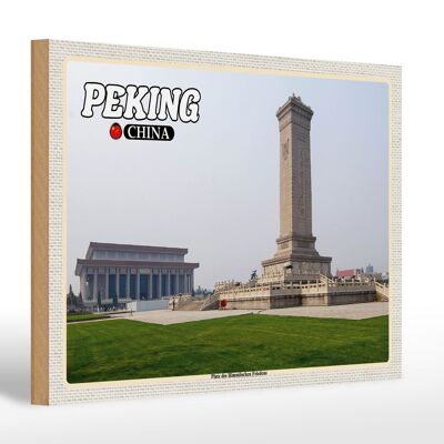 Cartel de madera viaje 30x20cm Beijing China Plaza de Tiananmen