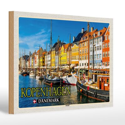 Cartello in legno da viaggio 30x20 cm Copenaghen Danimarca barche della città vecchia