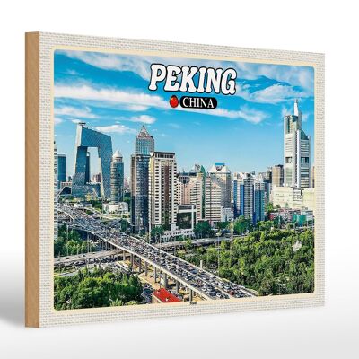 Cartello in legno da viaggio 30x20 cm Skyline dei grattacieli della città di Pechino Cina