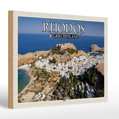 Panneau en bois voyage 30x20cm Rhodes Grèce Lindos ville mer décoration