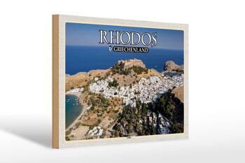 Panneau en bois voyage 30x20cm Rhodes Grèce Lindos ville mer décoration 1