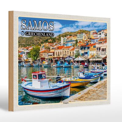 Cartel de madera viaje 30x20cm Samos Grecia pequeña ciudad de Pythagorio