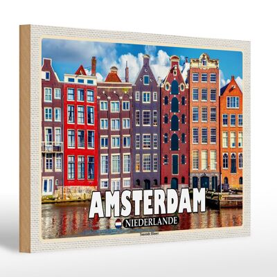 Holzschild Reise 30x20cm Amsterdam Niederlande Tanzende Häuser Deko