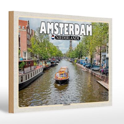 Panneau en bois voyage 30x20cm Amsterdam Pays-Bas canal croisière rivière