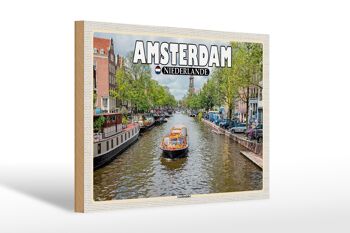 Panneau en bois voyage 30x20cm Amsterdam Pays-Bas canal croisière rivière 1