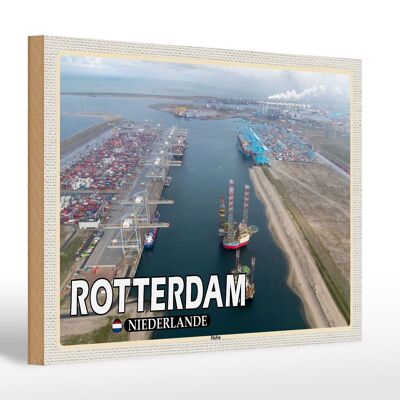 Panneau en bois voyage 30x20cm navires du port de Rotterdam Pays-Bas