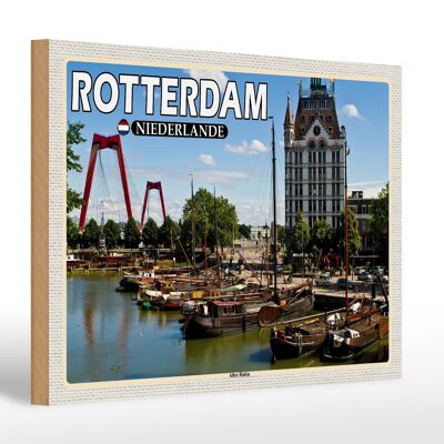 Cartello in legno da viaggio 30x20 cm Rotterdam Paesi Bassi Old Harbour Boats