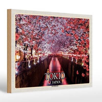 Cartel de madera viaje 30x20cm Tokio Japón festival de los cerezos en flor árboles río