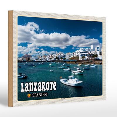 Panneau en bois voyage 30x20cm Lanzarote Espagne Arrecife ville mer