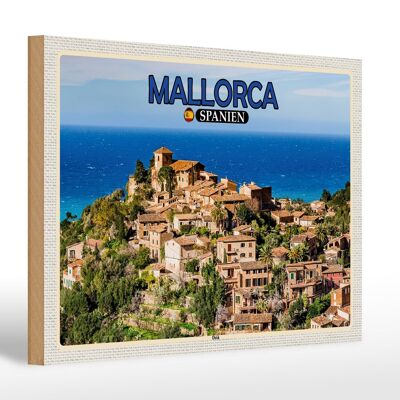 Cartel de madera viaje 30x20cm Mallorca España Deià mar pequeño pueblo