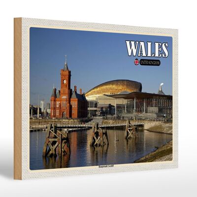 Cartel de madera viaje 30x20cm Gales Reino Unido capital Cardiff