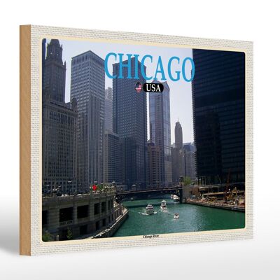 Holzschild Reise 30x20cm Chicago USA Chicago River Fluss Hochhäuser