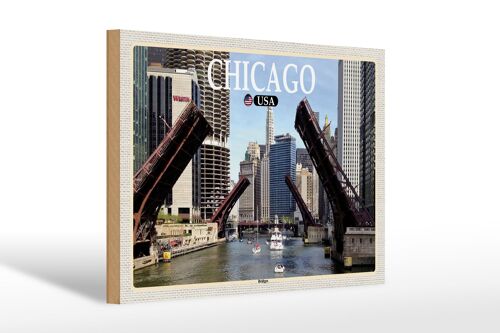 Holzschild Reise 30x20cm Chicago USA Bridges Brücken Fluss Deko