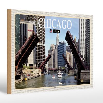 Holzschild Reise 30x20cm Chicago USA Bridges Brücken Fluss Deko