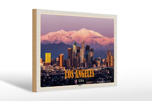 Holzschild Reise 30x20cm Los Angeles Skyline Berge Wolkenkratzer