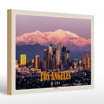Holzschild Reise 30x20cm Los Angeles Skyline Berge Wolkenkratzer