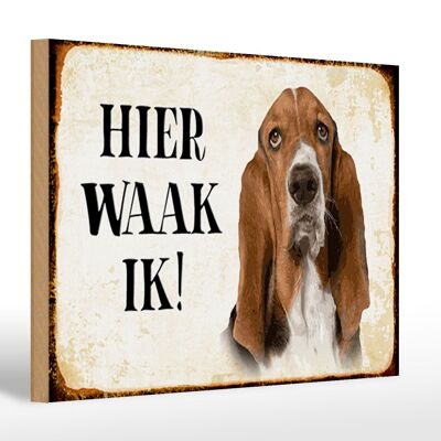 Cartello in legno con scritta 30x20 cm Dutch Here Waak ik Bassett dog