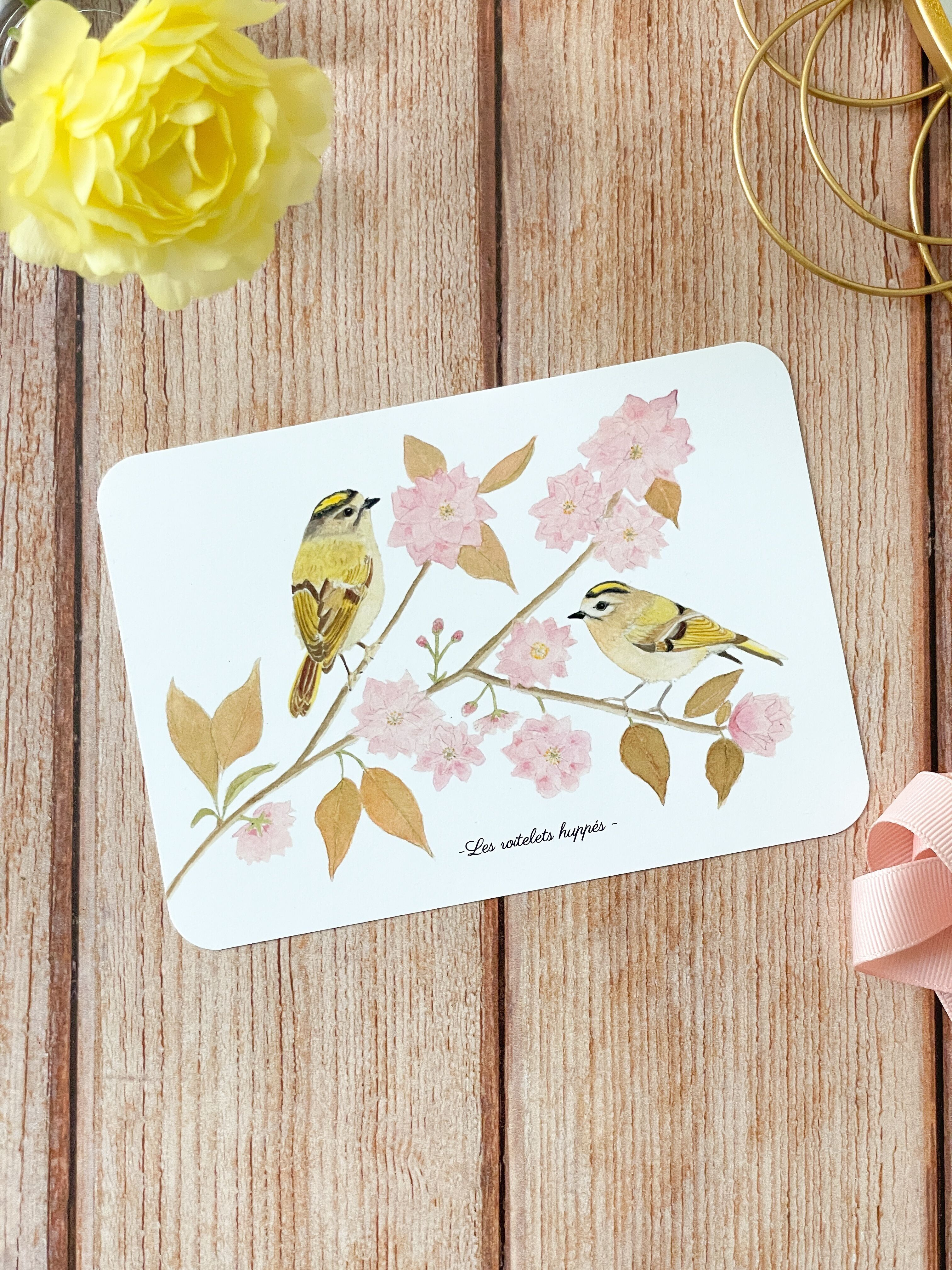 Aquarellpostkarte - Haubenzaunkönige