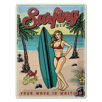 Targa in metallo retrò 30x40 cm Pin Up Surfing Girl Summer Party