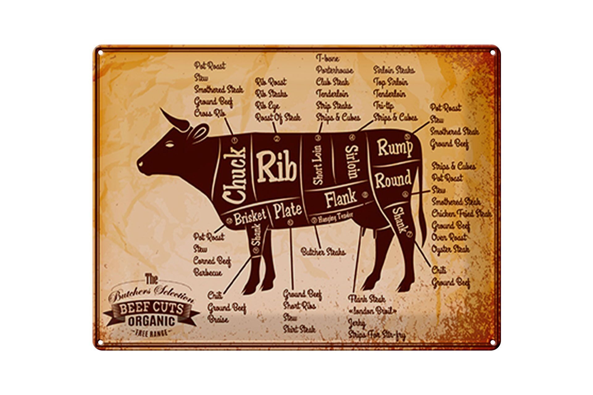 Metal sign butcher shop 40x30cm cow beef cuts organic orange sign