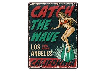 Panneau en étain Pin-up 30x40cm, fille de surf, Los Angeles été 1
