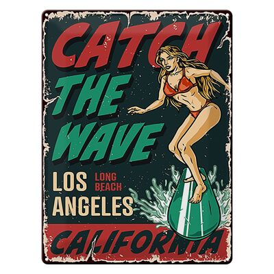 Cartel de chapa Pinup 30x40cm Chica surfista Los Ángeles Verano