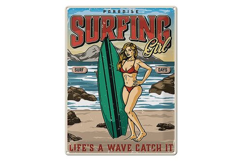 Blechschild Pinup 30x40cm Surfing Girl Paradise Sommer