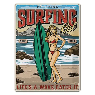 Blechschild Pinup 30x40cm Surfing Girl Paradise Sommer