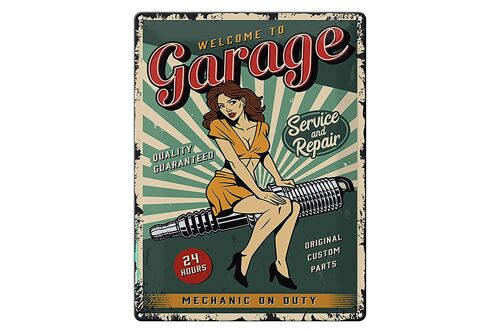 Blechschild Retro 30x40cm Pinup welcome Garage 24 service