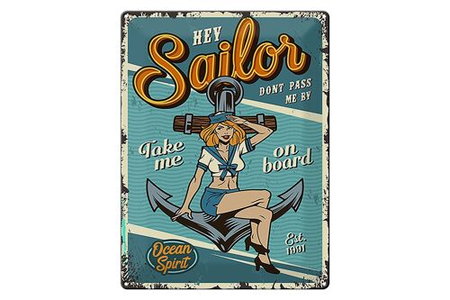 Blechschild Retro 30x40cm Pinup hey Sailor Ocean spirit See