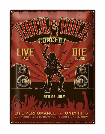 Plaque en tôle rétro 30x40cm Rock&Roll Concert live 9 juillet 1