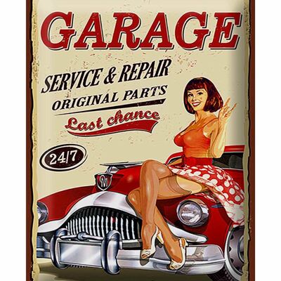 Targa in metallo Pinup 30x40 cm Retro Garage servizio riparazione 24 ore su 24, 7 giorni su 7