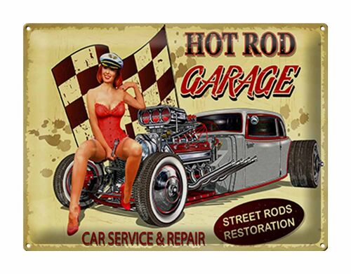 Blechschild Pinup 40x30cm Retro Hot Rod Garage Service