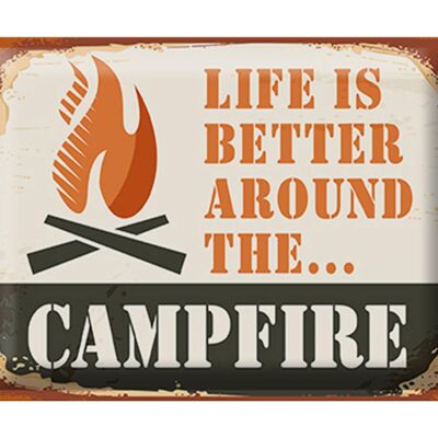 Panneau en étain Camping 40x30cm, la vie au feu de camp est meilleure en plein air
