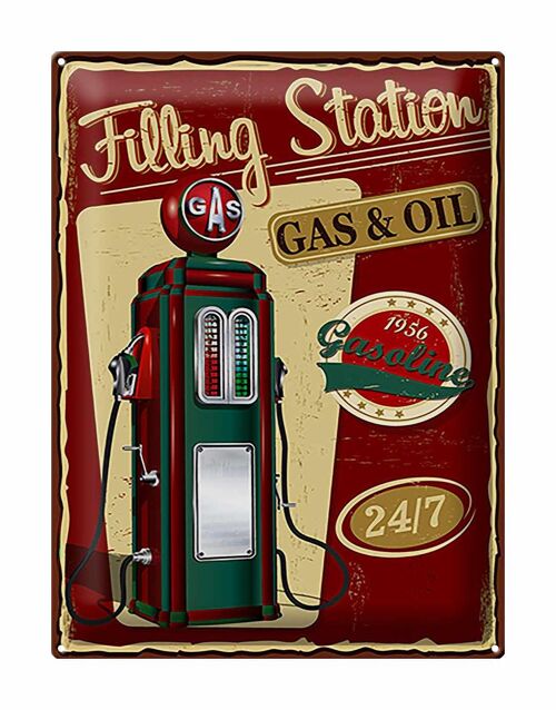 Blechschild Retro 30x40cm Gasoline filling station gas 24/7