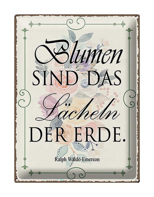 Blechschild Spruch 30x40cm Blumen sind das Lächeln der Erde beige Schild