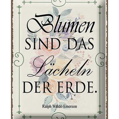 Blechschild Spruch 30x40cm Blumen sind das Lächeln der Erde beige Schild