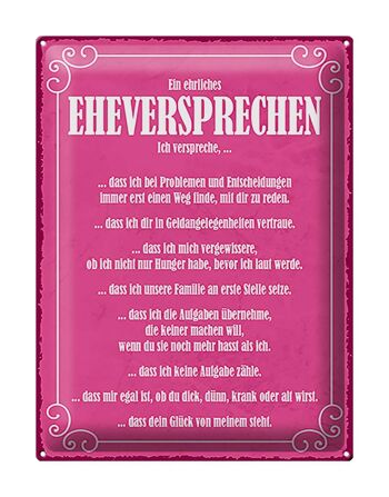 Plaque en étain 30x40cm indiquant une promesse de mariage honnête 1