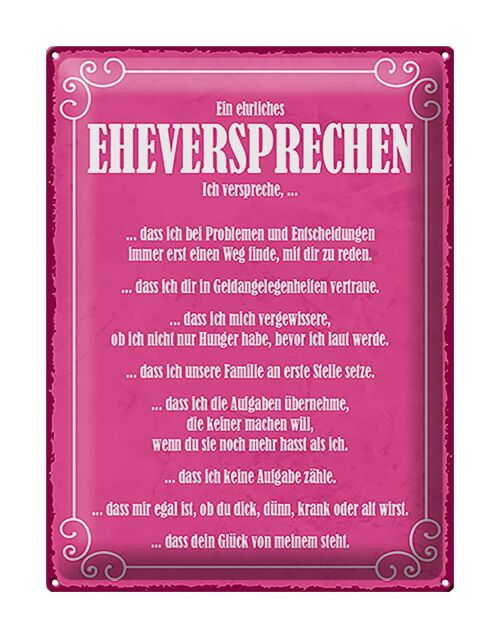 Blechschild Spruch 30x40cm ein ehrliches Eheversprechen