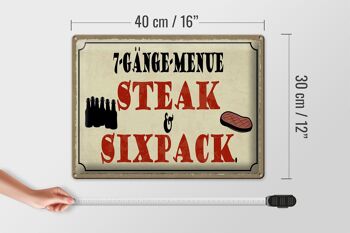Panneau en étain indiquant 40x30cm, menu à 7 plats, steak sixpack grill 4
